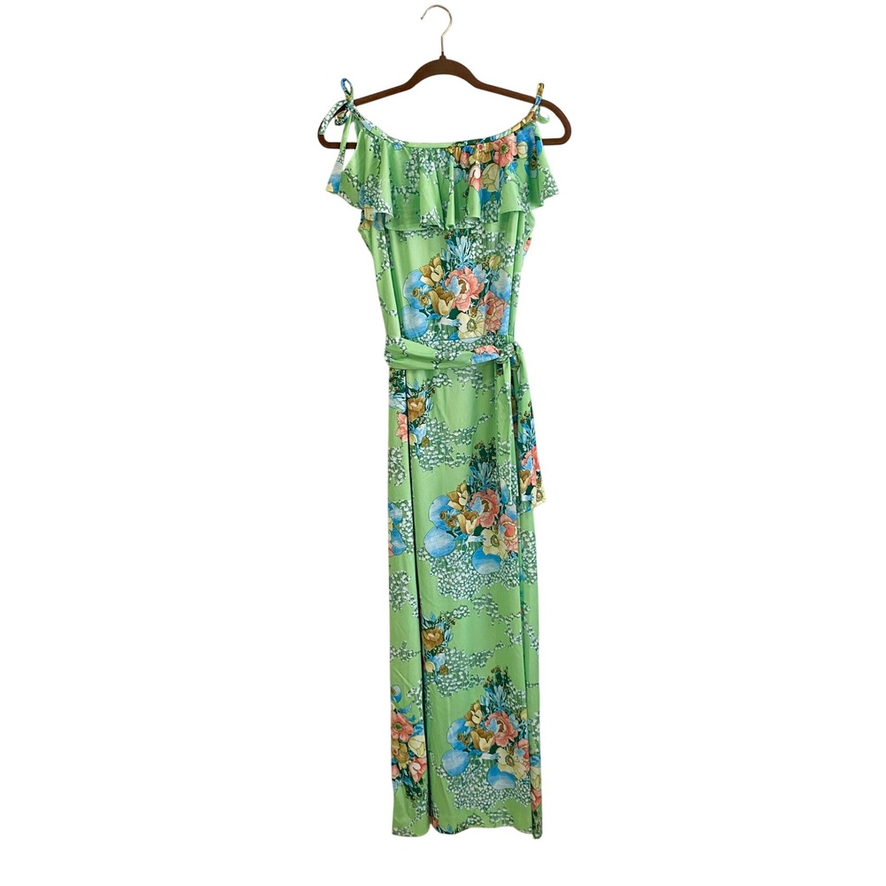 Vintage 70s Momentum Green Floral Off Shoulder Ruffle Maxi‎ Dress Tie Strap